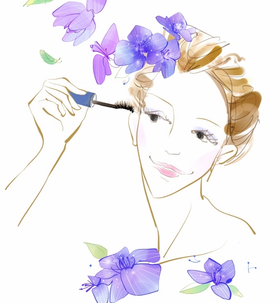 여자 한 명이 눈화장을 하고 있는 그림