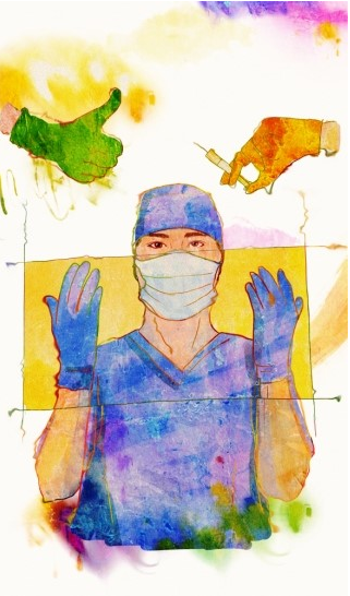 마스크와 장갑을 끼고 양손을 올린채 장갑을끼고 수술준비를 하고 있는 의사 일러스트