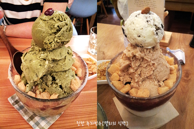 왼쪽은 아이스크림이 쌓인 녹차빙수, 오른쪽은 아이스크림이 쌓인 오곡빙수